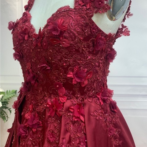 Chic Maroon cranberry red Floral Embellished Dress 12 - Picture 6 of 16